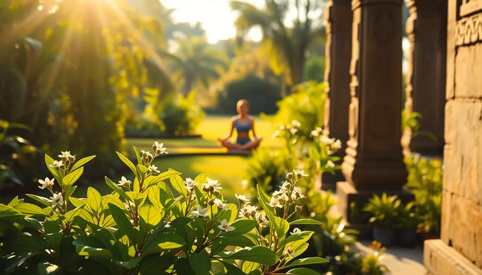 femme méditation ashwagandha yoga matin soleil